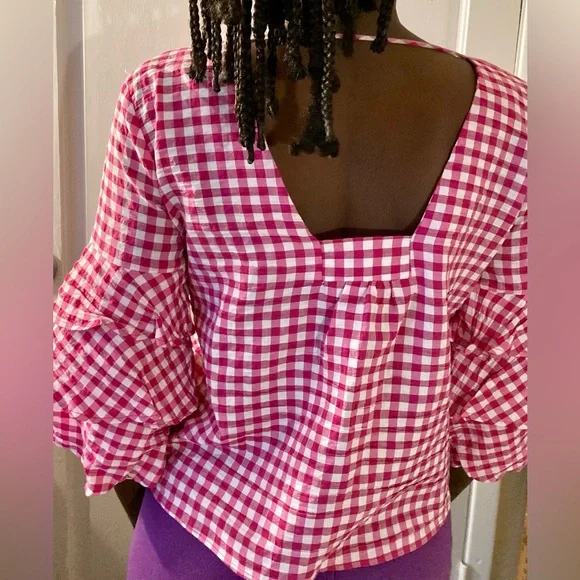 Zara BasicCollection CottageCore XS Red White gingham check retro unique Blouse - Picture 5 of 5